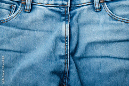 Close-up of denim jeans displaying intricate stitching and fabric quality for fashion-related use. photo