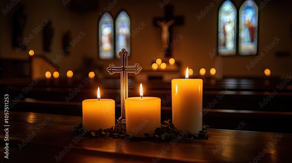 Candles and cross on a quiet altar, symbolizing hope and faith within an empty church setting. Candles and cross on a quiet altar, symbolizing hope and faith within an empty church setting.