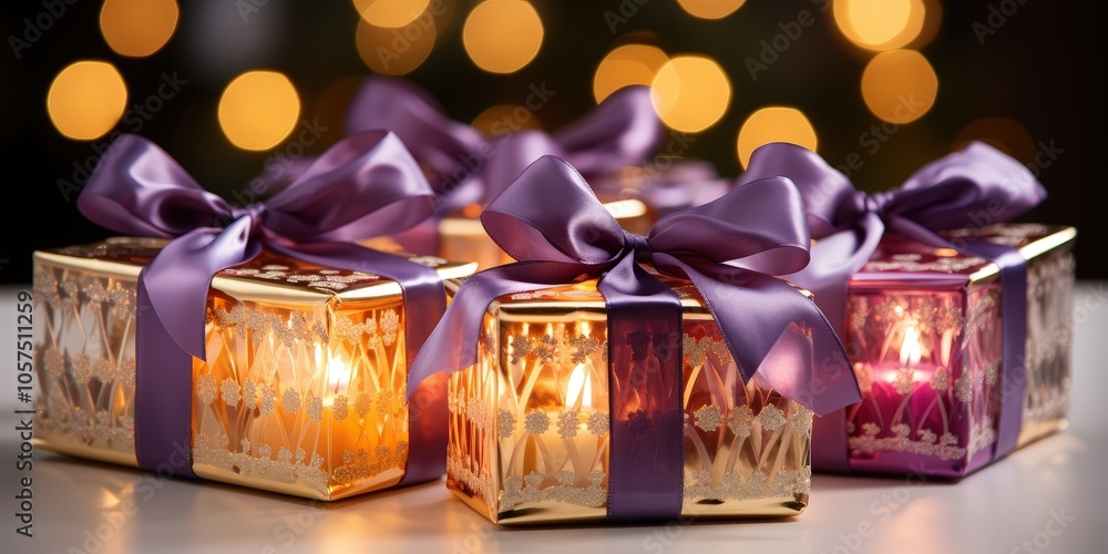 Sparkling Gift Boxes with Purple Ribbons and Warm Glow Sparkling Gift Boxes with Purple Ribbons and Warm Glow