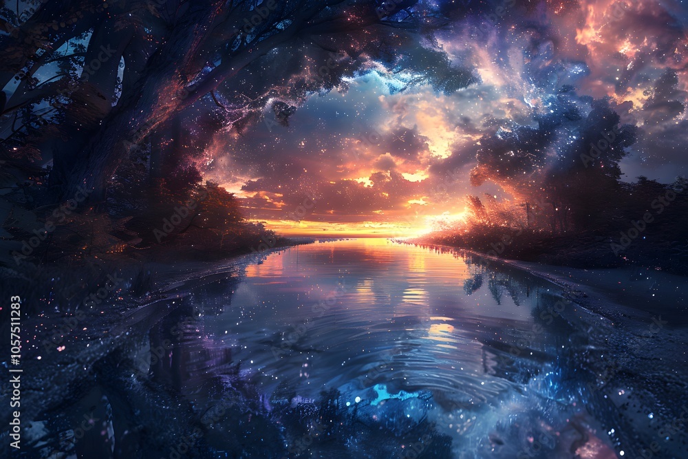Enchanted Twilight: A Cosmic Reflection Over a Serene River Enchanted Twilight: A Cosmic Reflection Over a Serene River