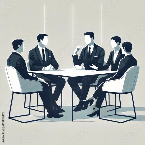 A minimalist, monochrome illustration of five business professionals engaged in a meeting around a table, symbolizing strategic collaboration and leadership