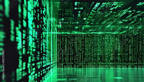 Green background with digital futuristic illustration. Generative AI.