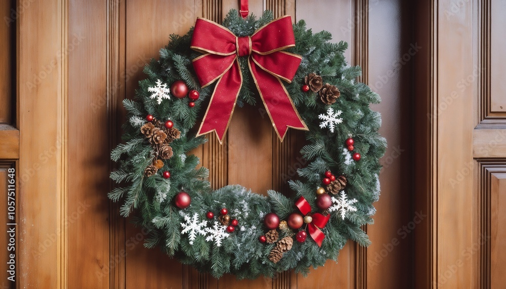 Photorealistic festive wreath with red bows and ornaments on wooden door, dusted with snow in soft winter light Photorealistic festive wreath with red bows and ornaments on wooden door, dusted with snow in soft winter light