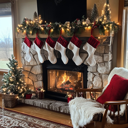 Cozy Christmas Fireplace with Stocking Decor and Comfy Chair