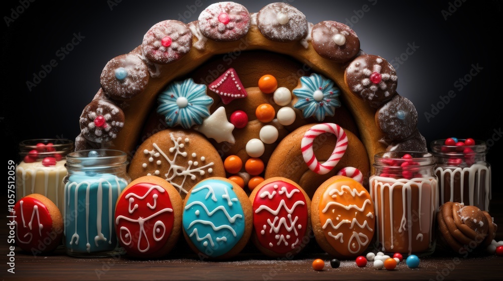 A festive spread of gingerbread cookies, candies, and desserts, showcasing the beauty of homemade treats for the holiday season. A festive spread of gingerbread cookies, candies, and desserts, showcasing the beauty of homemade treats for the holiday season.