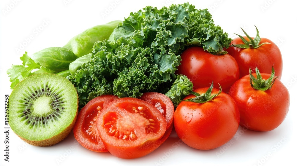 Collection of fruits and vegetables high in vitamins, including kiwi, tomatoes, and kale, placed on white paper with a fresh, clean look. Collection of fruits and vegetables high in vitamins, including kiwi, tomatoes, and kale, placed on white paper with a fresh, clean look.