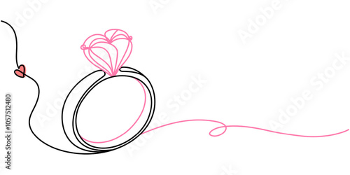 Wedding Ring, Diamond Ring Continuous Line Icon, Wedding Ring Continuous Line Icon, Solitaire Ring Continuous Line Illustration, Heart Shaped Diamond Ring, Rings Vector Line Icon - Simple Thin Line