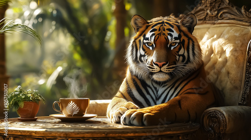 Majestic tiger relaxing in an elegant setting with a coffee cup, perfect for wildlife enthusiasts and nature-themed decor, ideal as wall art or background.