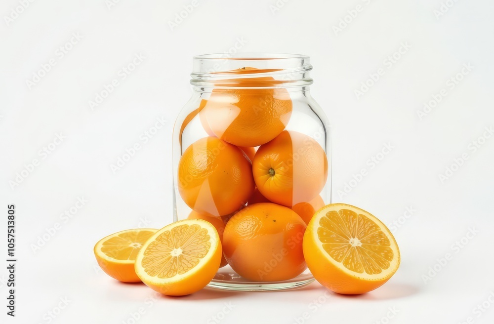 In a glass jar there are oranges, next to it there are two cut orange slices In a glass jar there are oranges, next to it there are two cut orange slices