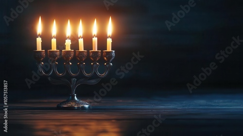 Closeup of the intricate design on a silver menorah, with the candles lit, Menorah craftsmanship, Jewish heritage