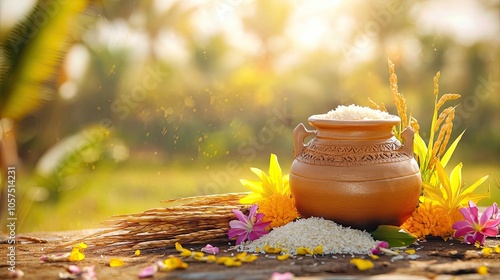 Festive Pongal celebration setup with a clay pot and rice, surrounded by sugarcane and bright flowers, in outdoor daylight. photo