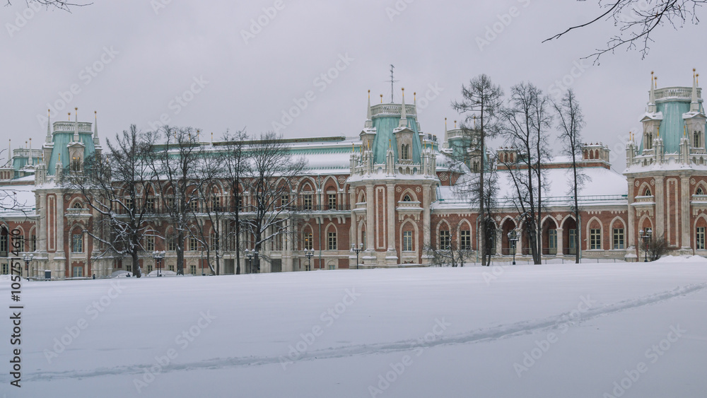 Fototapeta premium Tsaritsyno is a palace and park ensemble in the south of Moscow, founded by order of Empress Catherine II in 1776. An ancient palace in the winter cold. Snow drifts in front of the palace.