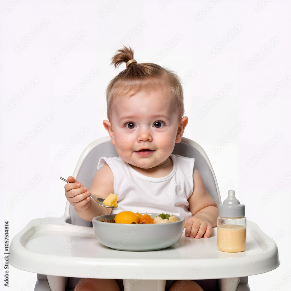 A cheerful baby sits in a high chair, holding a spoon and enjoying a colorful bowl of healthy food. This delightful image is perfect for parenting blogs, baby food advertisements, or nutrition guides. A cheerful baby sits in a high chair, holding a spoon and enjoying a colorful bowl of healthy food. This delightful image is perfect for parenting blogs, baby food advertisements, or nutrition guides.