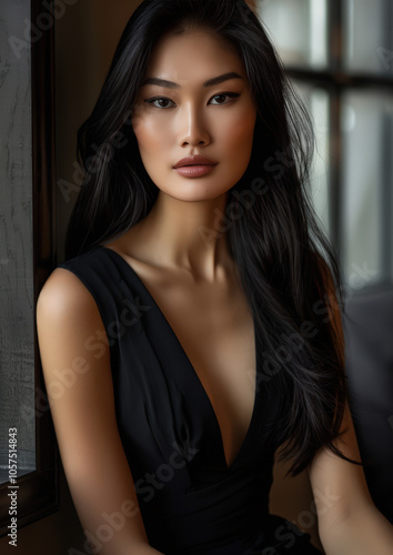 Elegant Asian model in a sleek tight-fitting dress