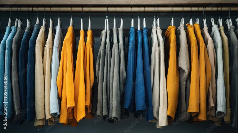 Colorful linen shirts neatly arranged on hangers in a wardrobe, featuring a variety of hues such as orange, blue, and beige in a stylish and organized display. Colorful linen shirts neatly arranged on hangers in a wardrobe, featuring a variety of hues such as orange, blue, and beige in a stylish and organized display.