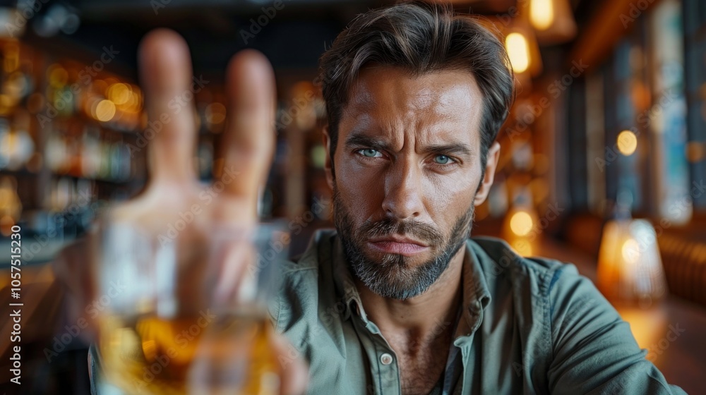 Serious middle-aged man with scruffy beard, green shirt, making peace sign at bar with beer glass in front. Background shows bar setting. Serious middle-aged man with scruffy beard, green shirt, making peace sign at bar with beer glass in front. Background shows bar setting.