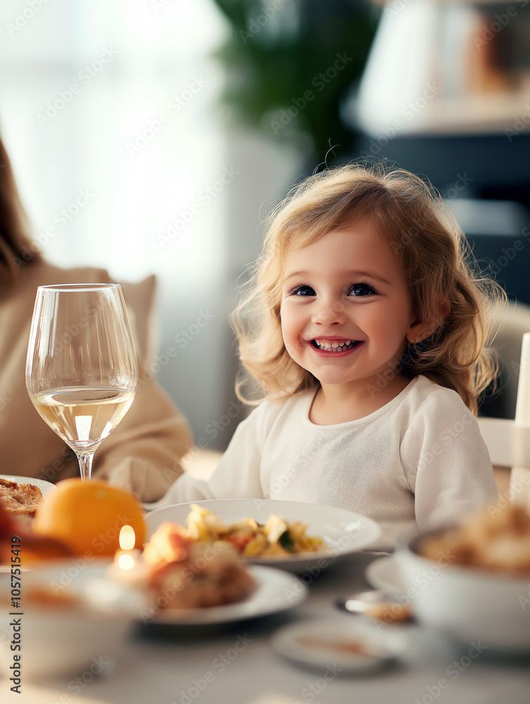 A cheerful child sits at the dining table, enjoying a family meal.