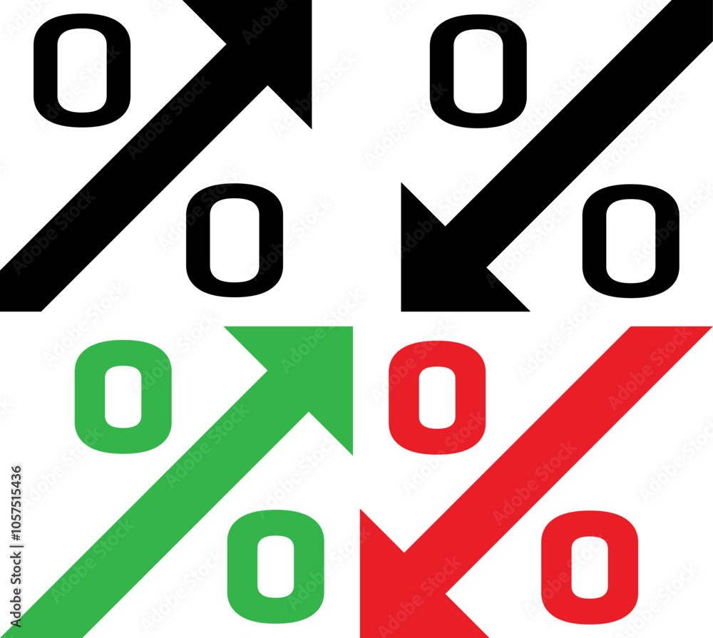 Set of arrows with percent signs, showing various directions and colors, symbolizing business metrics, price changes, discounts, profit and loss, in finance and investment, flat vector Illustration Set of arrows with percent signs, showing various directions and colors, symbolizing business metrics, price changes, discounts, profit and loss, in finance and investment, flat vector Illustration