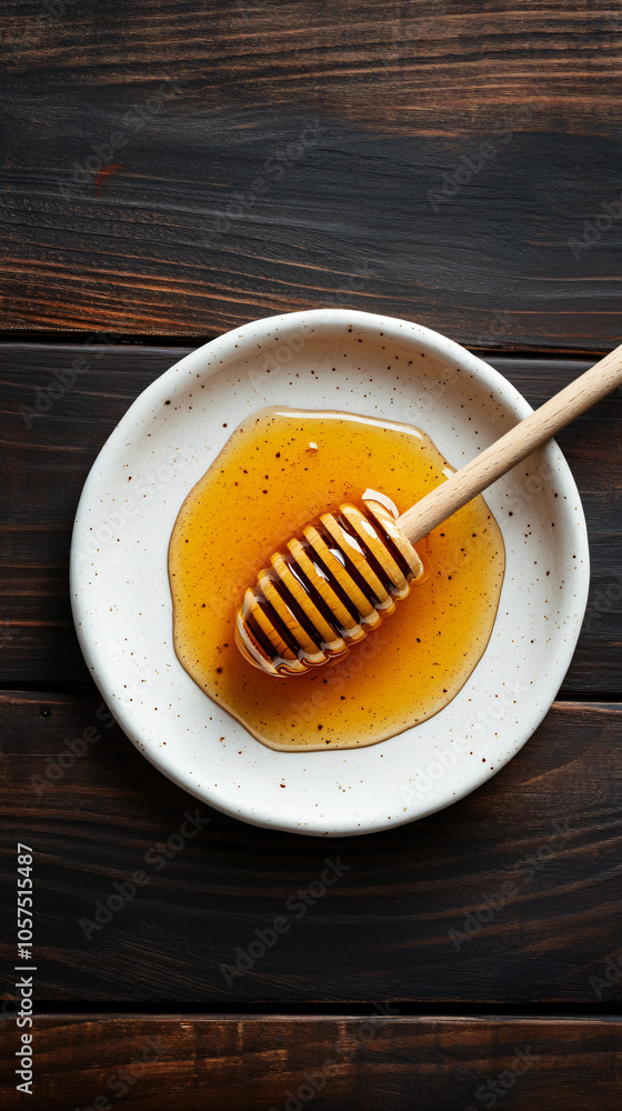 Honey drips from a wooden honey dipper onto a plate on a rustic wooden surface Honey drips from a wooden honey dipper onto a plate on a rustic wooden surface