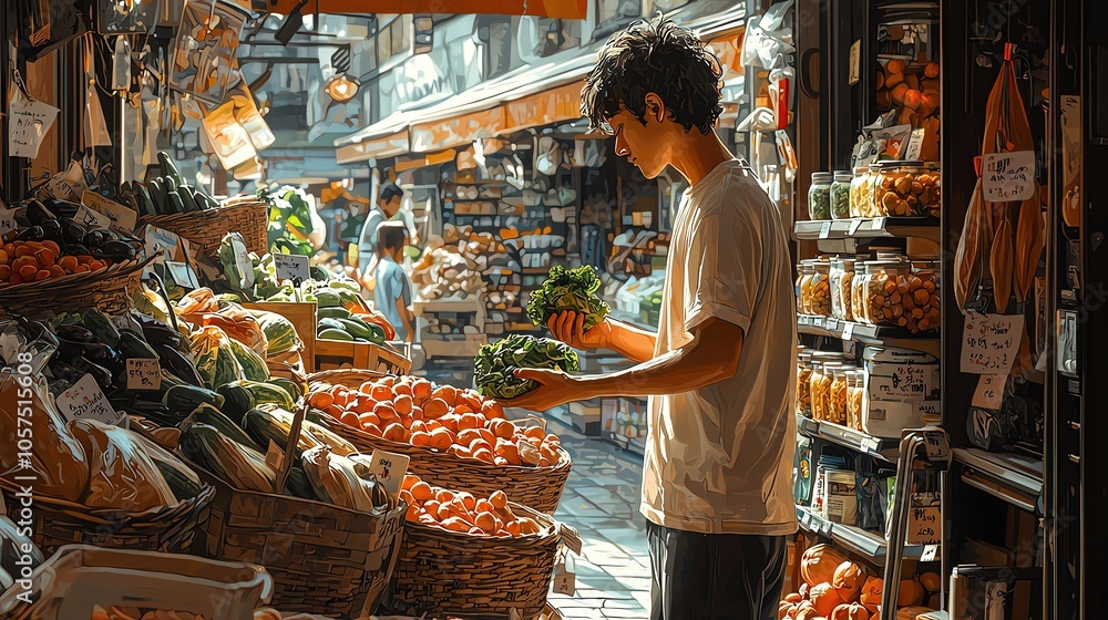 Obraz premium A shopper selecting items from a grocery store Young man shopping for fresh vegetables, market scene