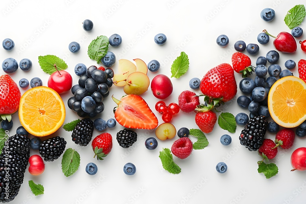 Vibrant Assortment of Fresh Fruits and Berries on a White Background Vibrant Assortment of Fresh Fruits and Berries on a White Background