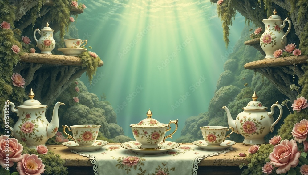 Fototapeta premium Elegant Tea Set in Enchanted Underwater Garden
