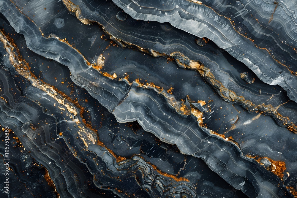 Stunning Close-Up of Striated Black and Gray Stone with Golden Accents Stunning Close-Up of Striated Black and Gray Stone with Golden Accents