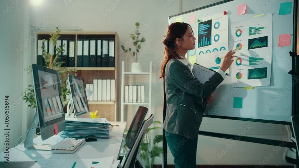 Businesswoman presenting financial data on a whiteboard, utilizing a computer, and reviewing documents. Engaging in analysis with charts and graphs in a modern office setting Businesswoman presenting financial data on a whiteboard, utilizing a computer, and reviewing documents. Engaging in analysis with charts and graphs in a modern office setting