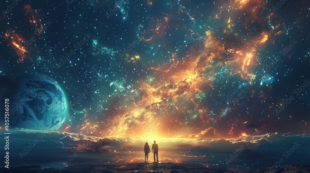 Two people on a planet admire a stunning night sky with stars, a vibrant nebula, and a bright light. The vastness of space highlights their smallness in the universe. Two people on a planet admire a stunning night sky with stars, a vibrant nebula, and a bright light. The vastness of space highlights their smallness in the universe.