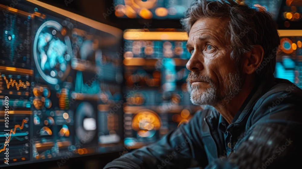 A bearded man in an office, looking at data on large screens with a serious expression. Bright screens illuminate his face, showing graphs and maps. A bearded man in an office, looking at data on large screens with a serious expression. Bright screens illuminate his face, showing graphs and maps.
