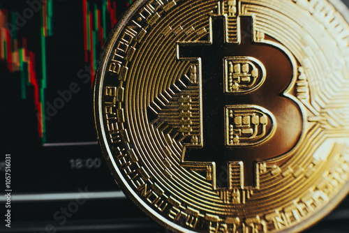 Close-up Bitcoin with market graph background