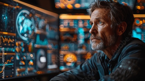 A bearded man in an office, looking at data on large screens with a serious expression. Bright screens illuminate his face, showing graphs and maps.