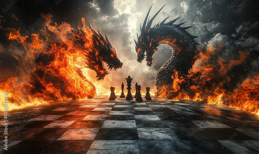 A dramatic chessboard scene with fiery dragons and dark clouds. A dramatic chessboard scene with fiery dragons and dark clouds.