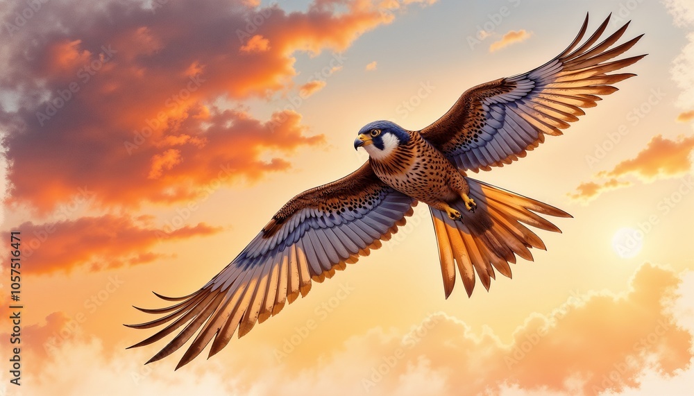 Obraz premium Mechanical Falcon Soaring at Sunset