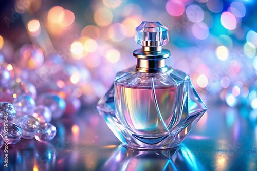 A sparkling perfume bottle against a colorful, blurred background featuring shimmering lights and decorative beads.