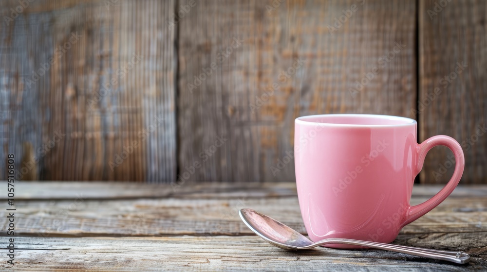 Obraz premium Pink cup with handle and teaspoon on wooden table (Copy space).