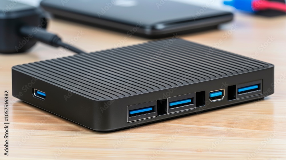 A Sleek USB hub with multiple ports connected to various devices, showcasing modern design and functionality in a tech-focused setup. A Sleek USB hub with multiple ports connected to various devices, showcasing modern design and functionality in a tech-focused setup.