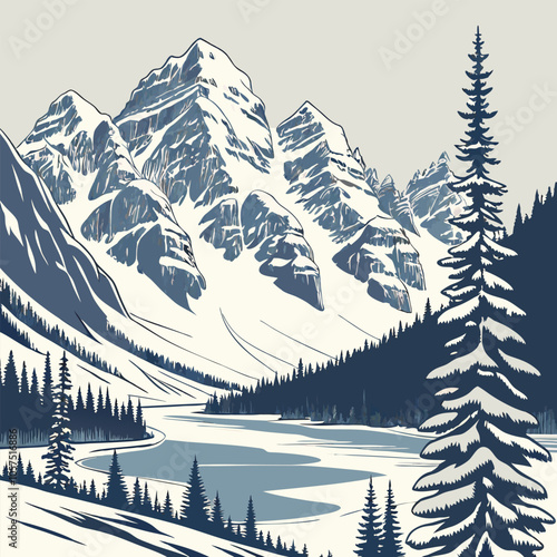 A stunning illustration of a snow-capped mountain range with a pristine lake in the valley below. The majestic peaks and serene waters create a breathtaking winter wonderland.