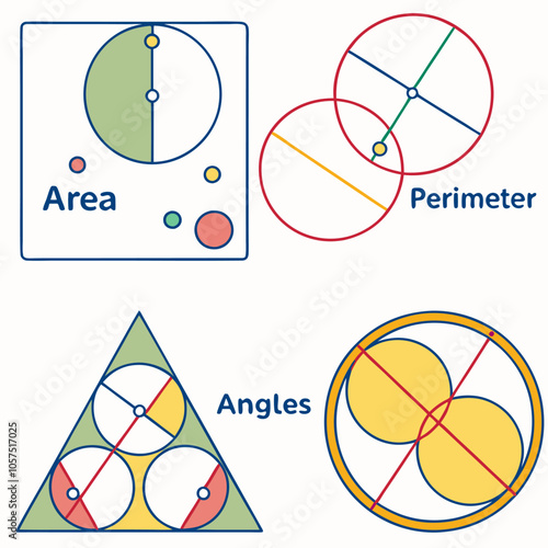 A visual representation of fundamental geometric concepts, illustrating area, perimeter, angles, and the relationship between circles and triangles.