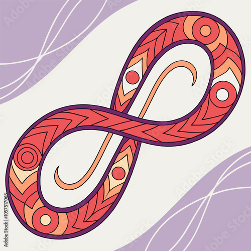 A beautifully illustrated infinity symbol with intricate patterns and vibrant colors, perfect for adding a touch of spiritual and artistic beauty to your designs. This symbol represents endlessness.