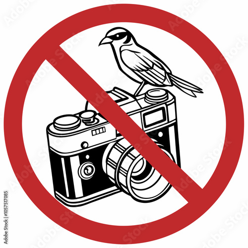 A prohibition sign with a camera and a bird on top, prohibiting photography. This graphic is perfect for use in places where photography is not allowed, such as museums, art galleries.