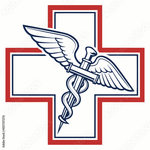 A classic medical symbol featuring a caduceus intertwined with a snake and wings, all set against a red cross. Ideal for medical professionals, healthcare organizations.
