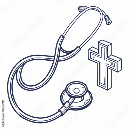 A hand-drawn illustration of a stethoscope and a cross, symbolizing faith and healing, perfect for medical or religious themes.