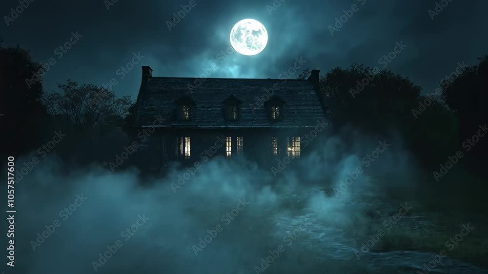 Spooky haunted house at night with full moon and eerie fog Spooky haunted house at night with full moon and eerie fog