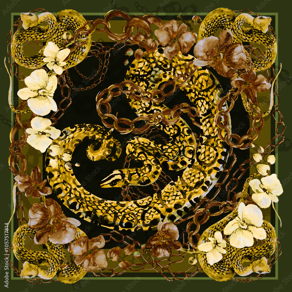 Fototapeta premium Silk scarf with golden chains and Snakes. Jewelry shawl design. watercolor hand drawn luxury background.