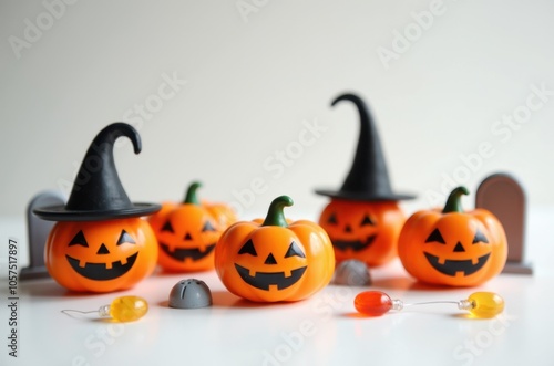 Halloween holiday toy pumpkins, toy caps, toy graves, toy candles, photo