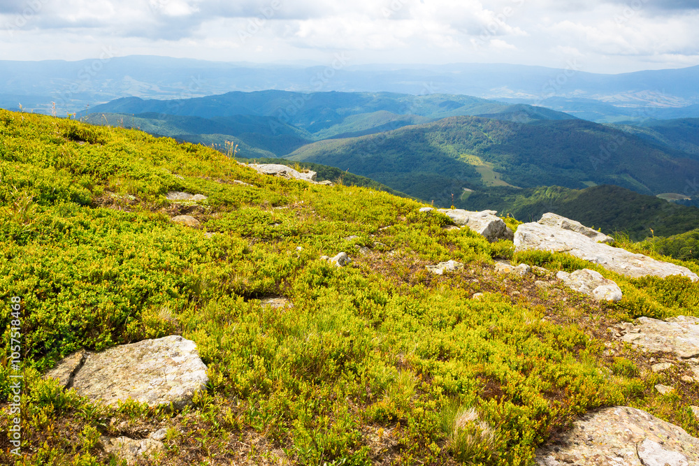 landscape with stones on the grassy hillside. vacation season. alpine scenery of carpathian mountain smooth in summer. sunny day. beautiful view in to distant valley. spectacular countryside region landscape with stones on the grassy hillside. vacation season. alpine scenery of carpathian mountain smooth in summer. sunny day. beautiful view in to distant valley. spectacular countryside region