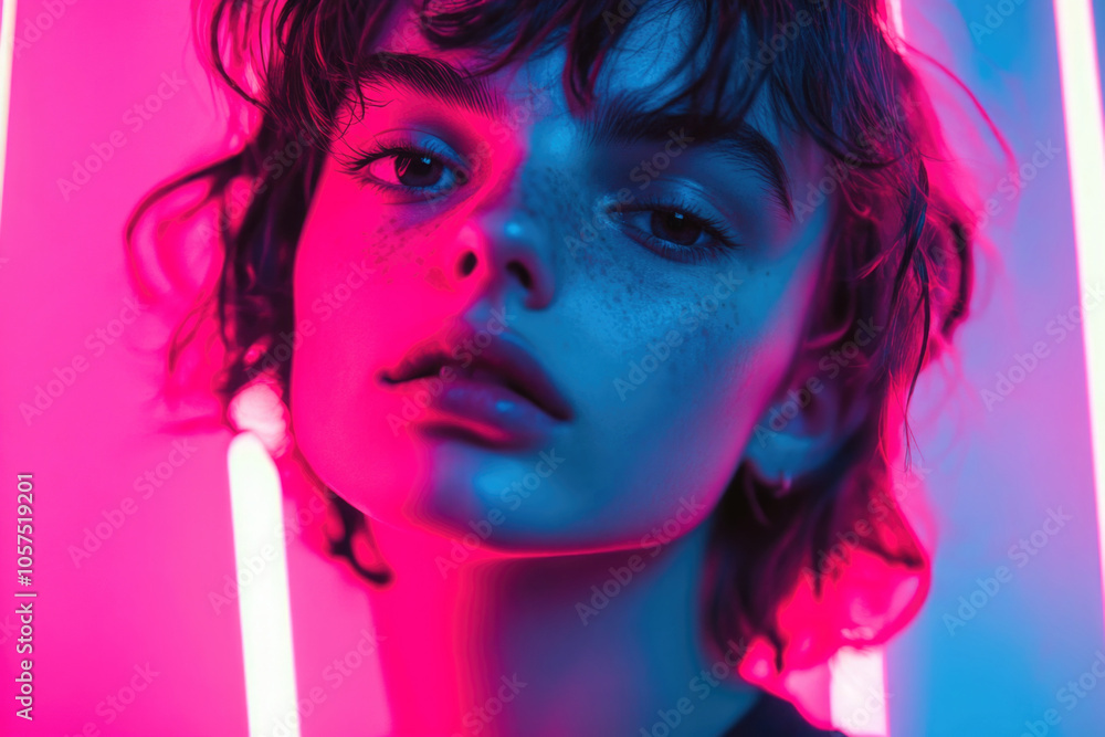 A captivating portrait image of a young woman illuminated by vibrant neon lights in a futuristic setting, showcasing modern style and artistic flair. A captivating portrait image of a young woman illuminated by vibrant neon lights in a futuristic setting, showcasing modern style and artistic flair.
