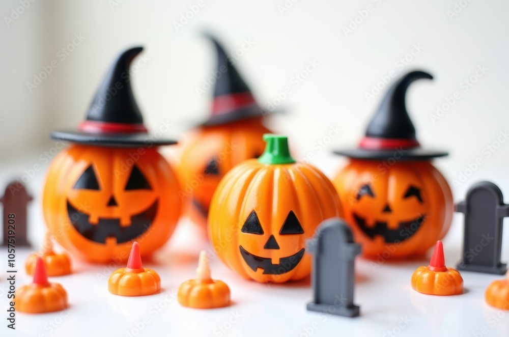 Halloween holiday toy pumpkins, toy caps, toy graves, toy candles, Halloween holiday toy pumpkins, toy caps, toy graves, toy candles,
