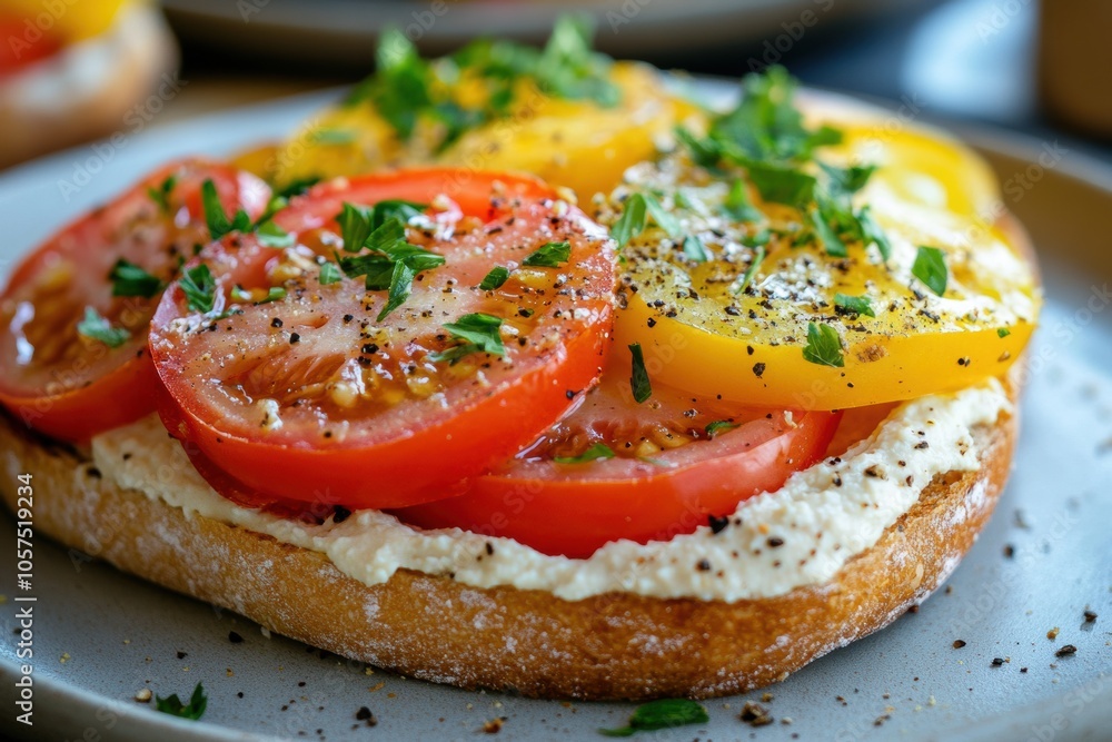 food photography, close-up of a vibrant tomato and hummus sandwich on a plate, showcasing its fresh ingredients and beautiful display food photography, close-up of a vibrant tomato and hummus sandwich on a plate, showcasing its fresh ingredients and beautiful display